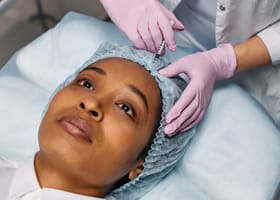 Close-up of a cosmetic procedure using injectables on a woman's forehead in a clinic setting.